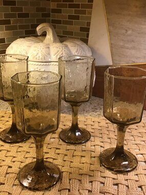 1960's Vintage Libby Smoky Brown Facets Octagon Goblets set of 4